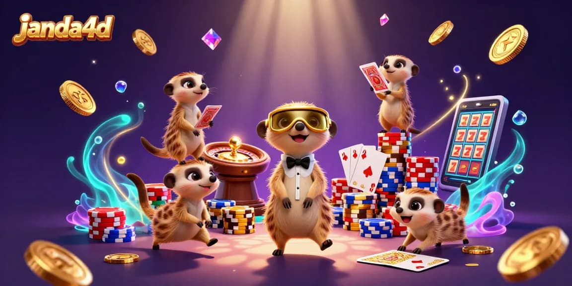 JANDA4D menghadirkan suasana kasino dengan meerkat yang beroperasi di tengah banyak koin emas dan permainan slot.