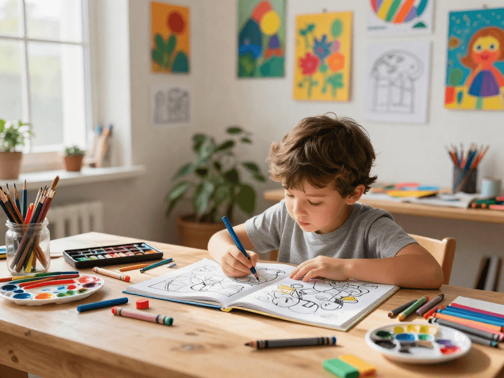 Child coloring in a colorful book amidst vibrant art supplies, depicting creativity with Coloring Books.
