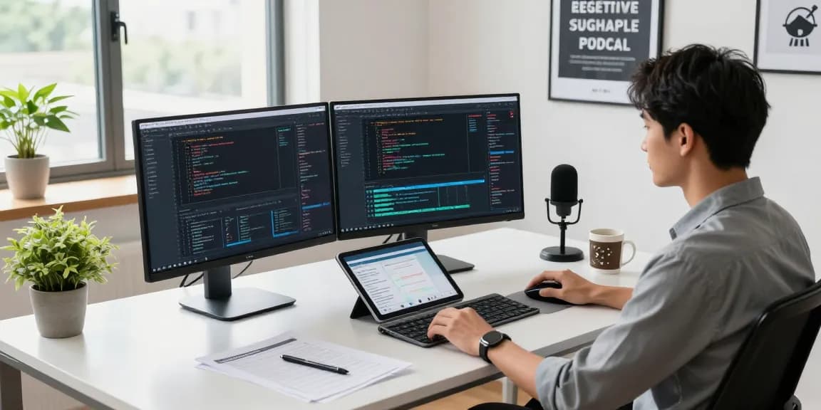 Engaging workspace at telegraimin.com featuring dual monitors, coding, and virtual collaboration elements in a modern office.
