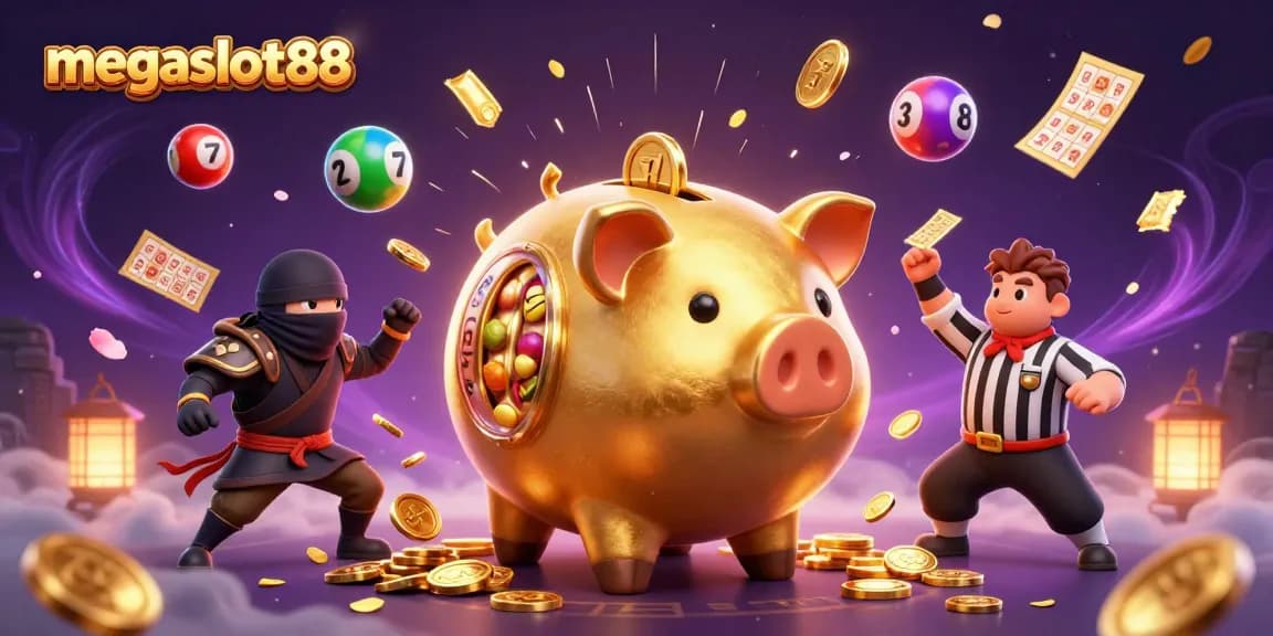 Experience winning with megaslot88 in this vibrant casino scene filled with gold coins and dynamic game elements.