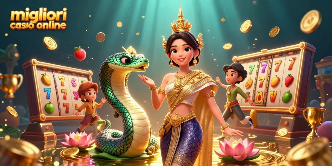 Vivi l'atmosfera emozionante dei migliori casino online con un'illustrazione vivace di una danzatrice tailandese tra rulli di slot e coppe trofeo dorate.