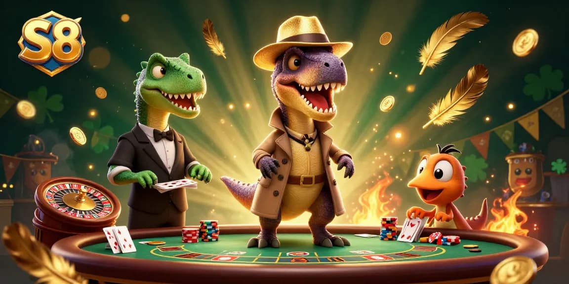 S8 showcases a cartoon velociraptor blackjack card counter amidst casino tokens and an attentive stegosaurus pit boss.