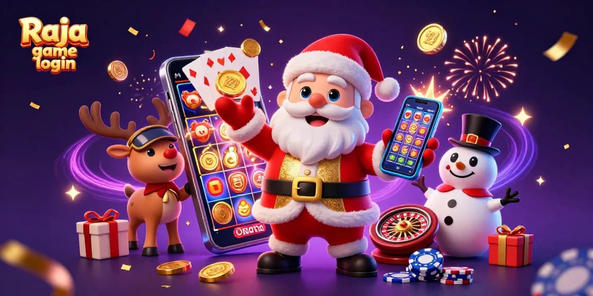 Experience Raja game login excitement with Santa and friends in a vibrant casino setting.