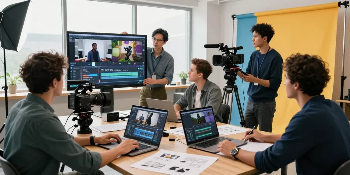 Corporate video production team in action, reviewing footage and brainstorming creative ideas.