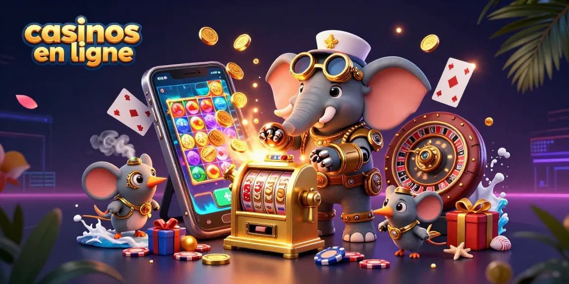 Jouez dans des casinos en ligne captivants avec cette illustration dynamique de machines à sous et jeux.