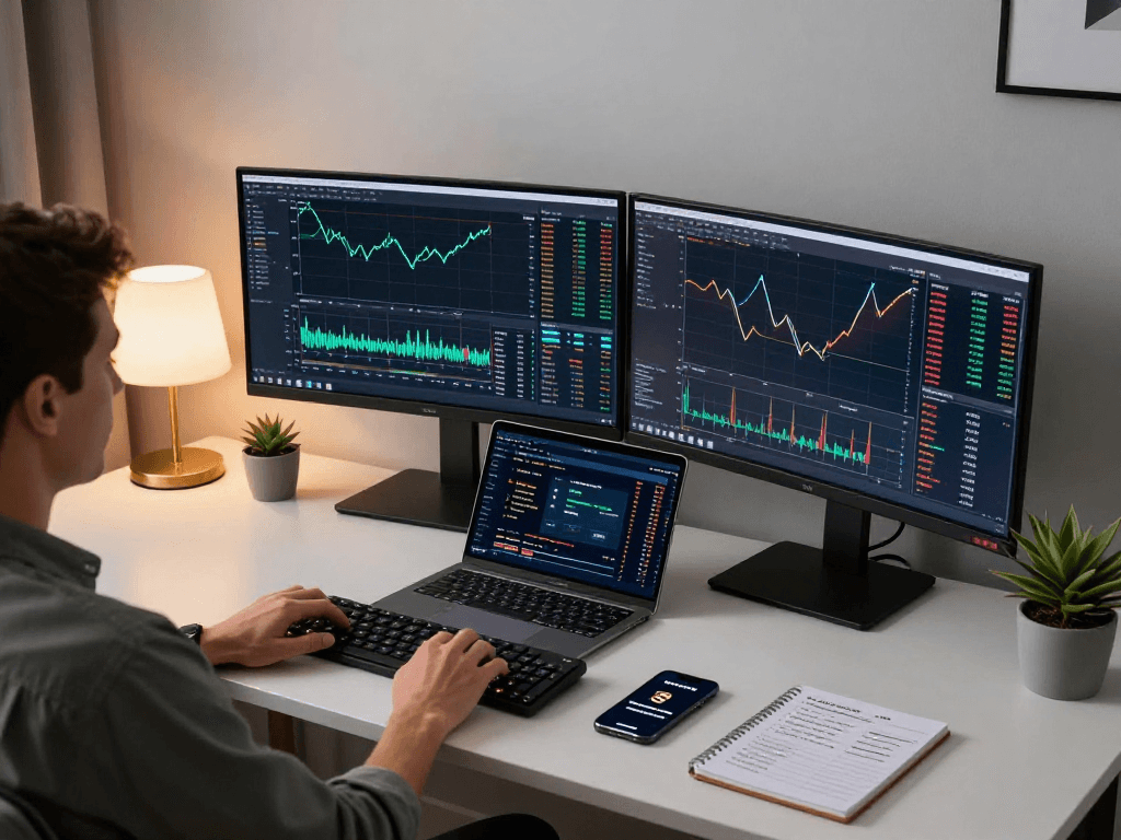 MetaTrader 5 官网的加密货币交易工作空间，显示实时交易图表和市场分析，强调技术和安全。