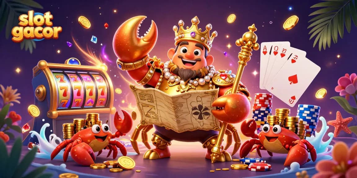 Menangkan slot gacor dengan ilustrasi 3D menarik, menampilkan kepiting emas dan elemen kasino.