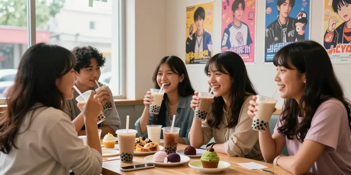 Friends exploring Asian pop culture at https://hanadultalk.com while enjoying tea and snacks in a cozy café.