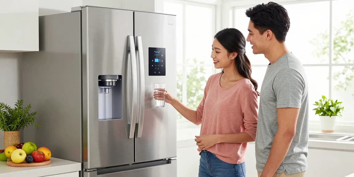 AQUA CREST XWF Refrigerator Water Filter in use by a happy couple filling glass with clean water in a bright kitchen.