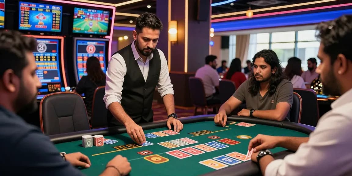 Engaging Andar Bahar game scene with dealer and players in a lively casino atmosphere.