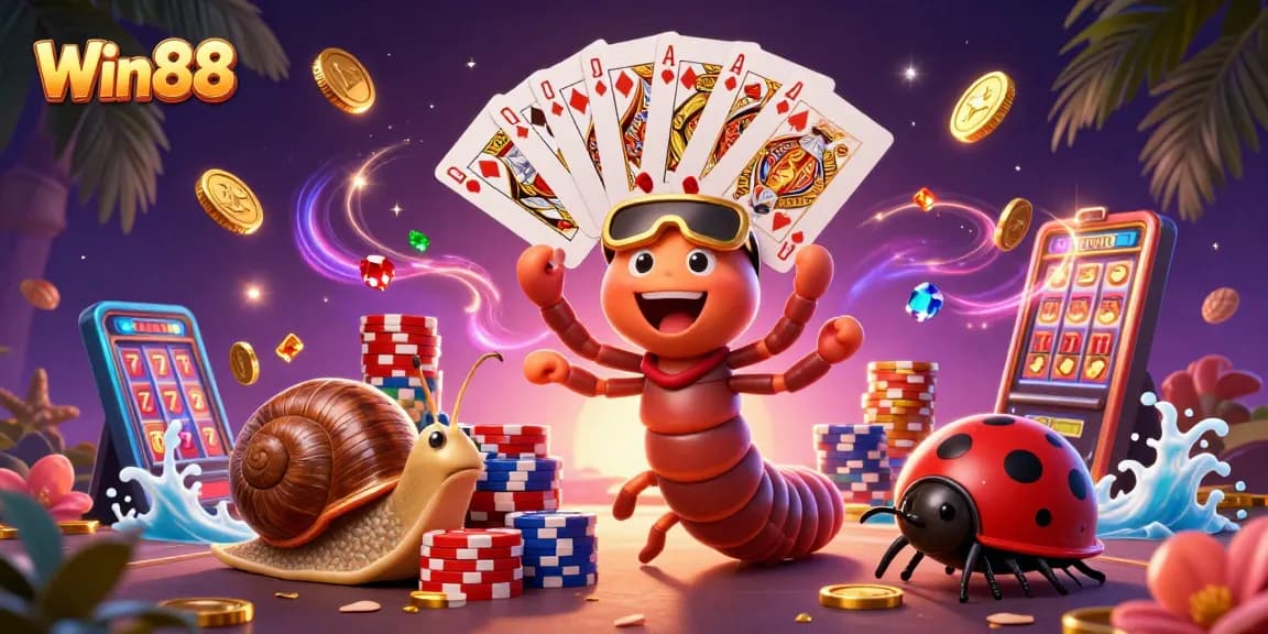 Win88 embraces excitement with a lively casino scene featuring a millipede dealer, high-roller snail, and rolling pill bug.