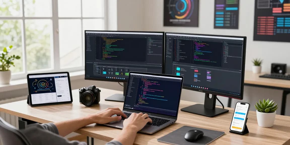 Workstation for software development at teiegramin.com, featuring vibrant coding displays and tech gadgets.