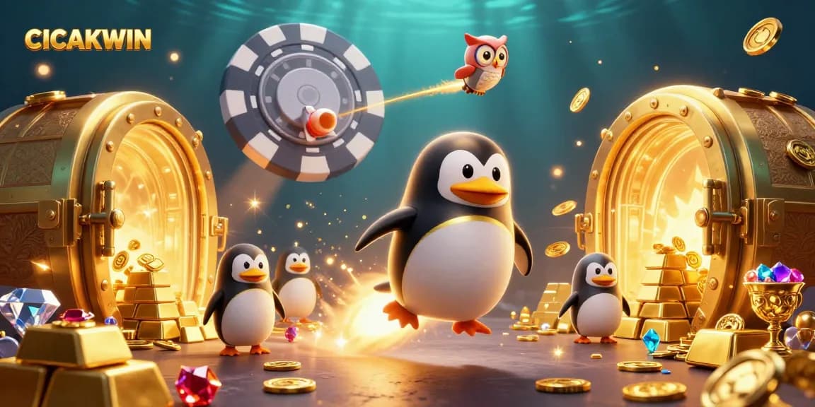 CICAKWIN's golden penguin conquers the cosmic casino scene filled with treasures.