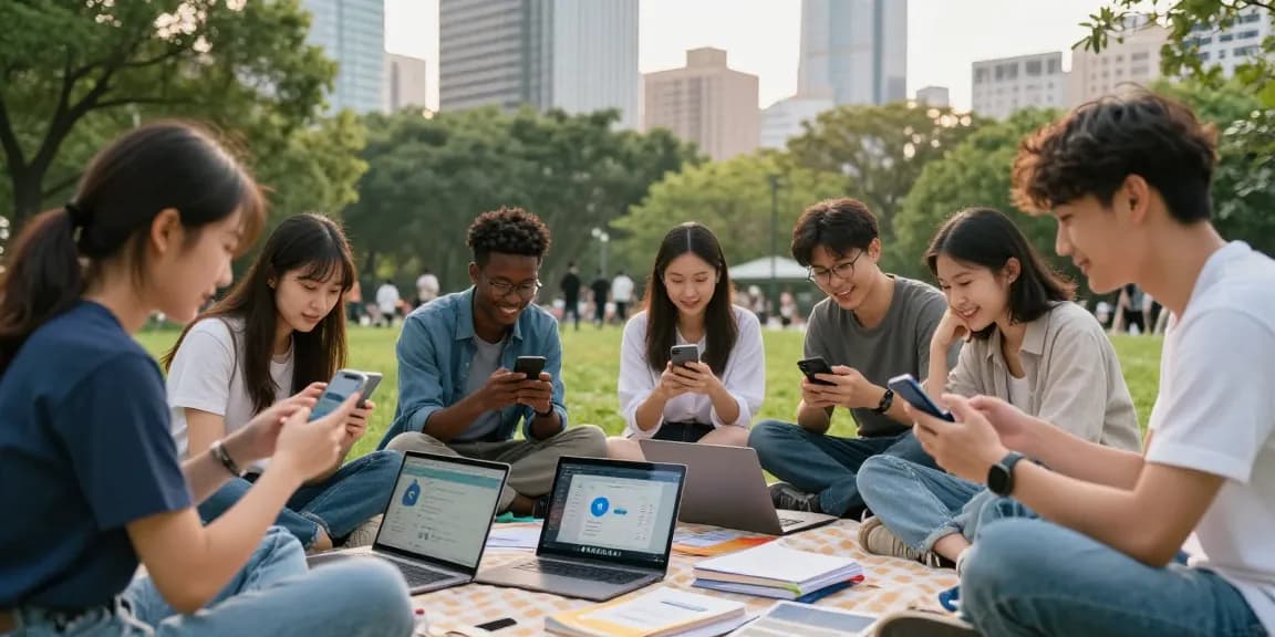 Group discussing telegram china help using technology in a park.