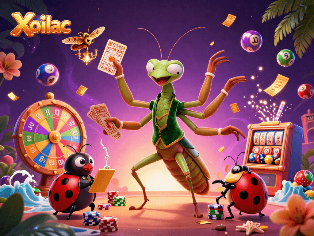Xoilac players enjoying vibrant lottery action with dynamic elements in a colorful casino scene.