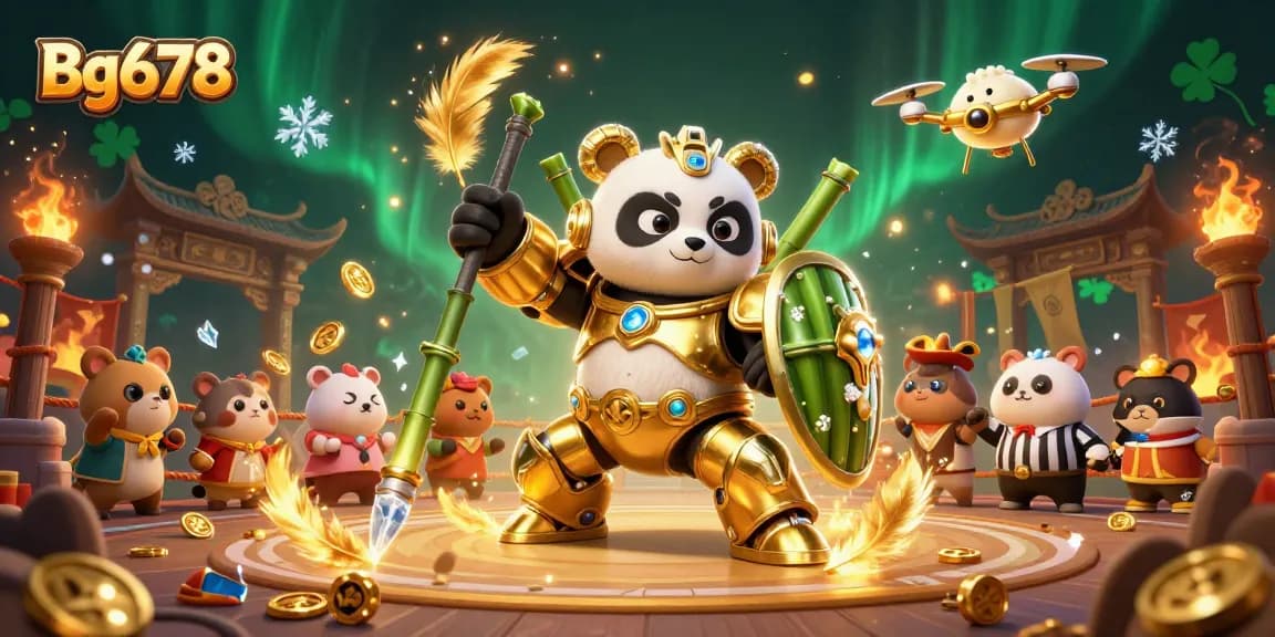 Experience thrill with Bg678 gaming in a dynamic casino arena illustration featuring unique characters.