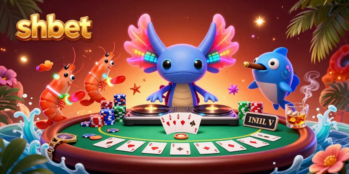 Engage in vibrant gameplay at shbet with an energetic scene featuring a DJ axolotl and colorful poker table.