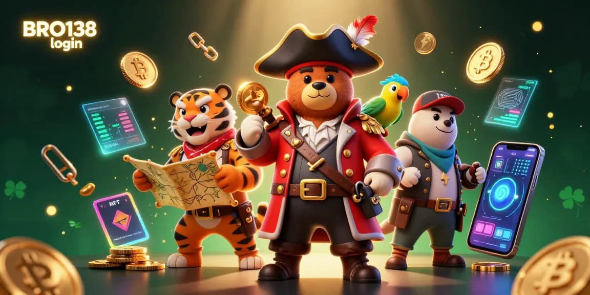 Engage in thrilling gameplay with BRO138 login, showcasing a vibrant casino scene featuring unique characters and digital elements.