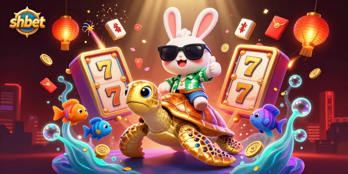 Experience the thrill of shbet with a lucky rabbit and golden turtle in a vibrant casino scene.