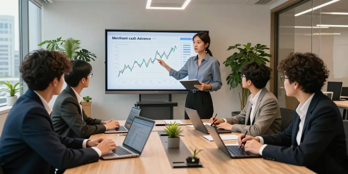 Team discussing merchant cash advance rates at a modern financial consulting office.