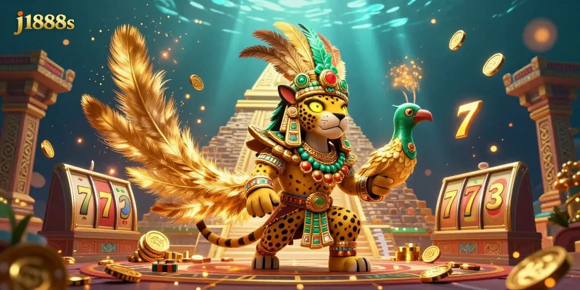 Experience thrilling gameplay at j1888s with a vibrant casino scene featuring slot reels, golden tokens, and mystical characters.
