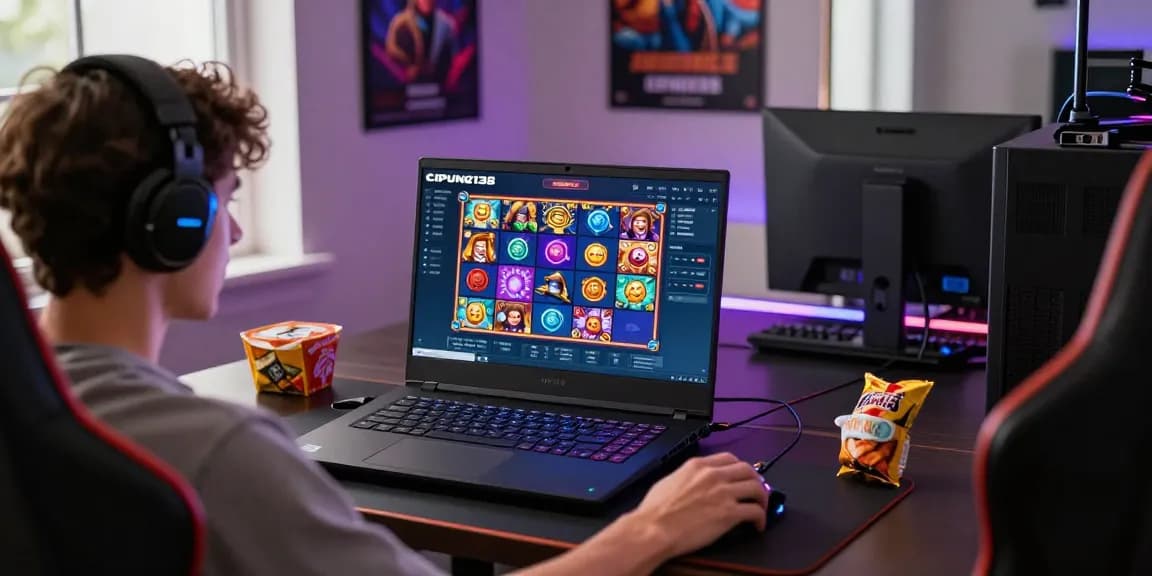 Pengguna CIPUNG138 bermain slot online dengan laptop modern dan suasana gaming yang nyaman.