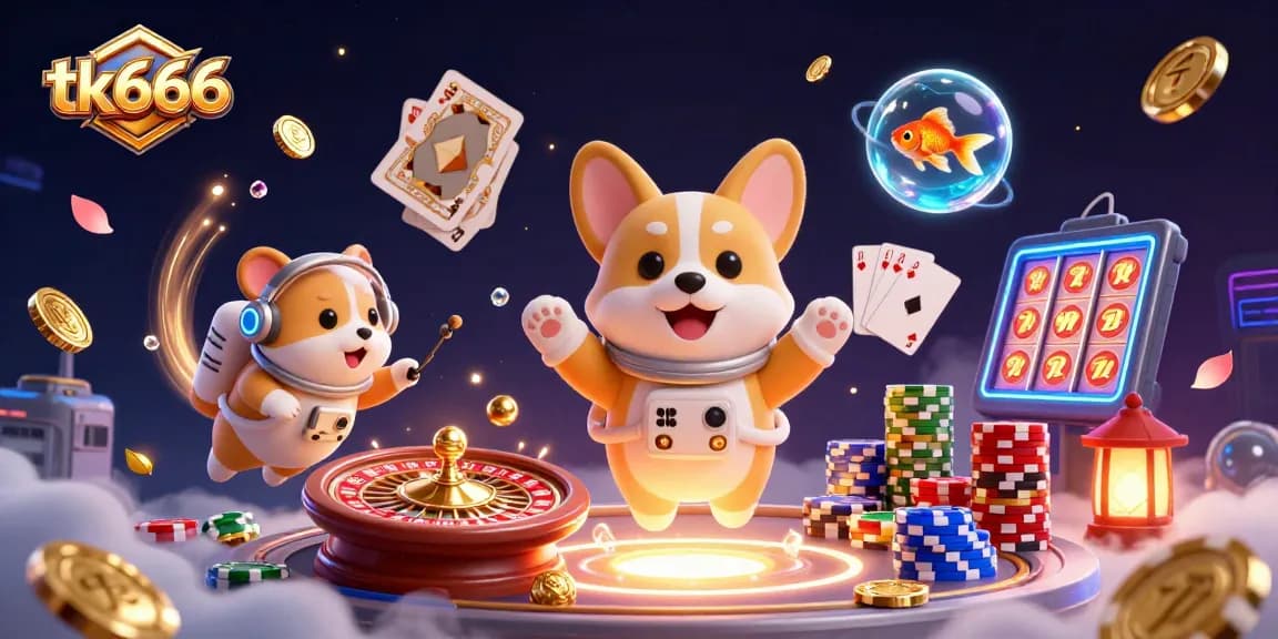 tk666 casino action scene with a floating corgi, hamster, and goldfish surrounded by coins and cards
