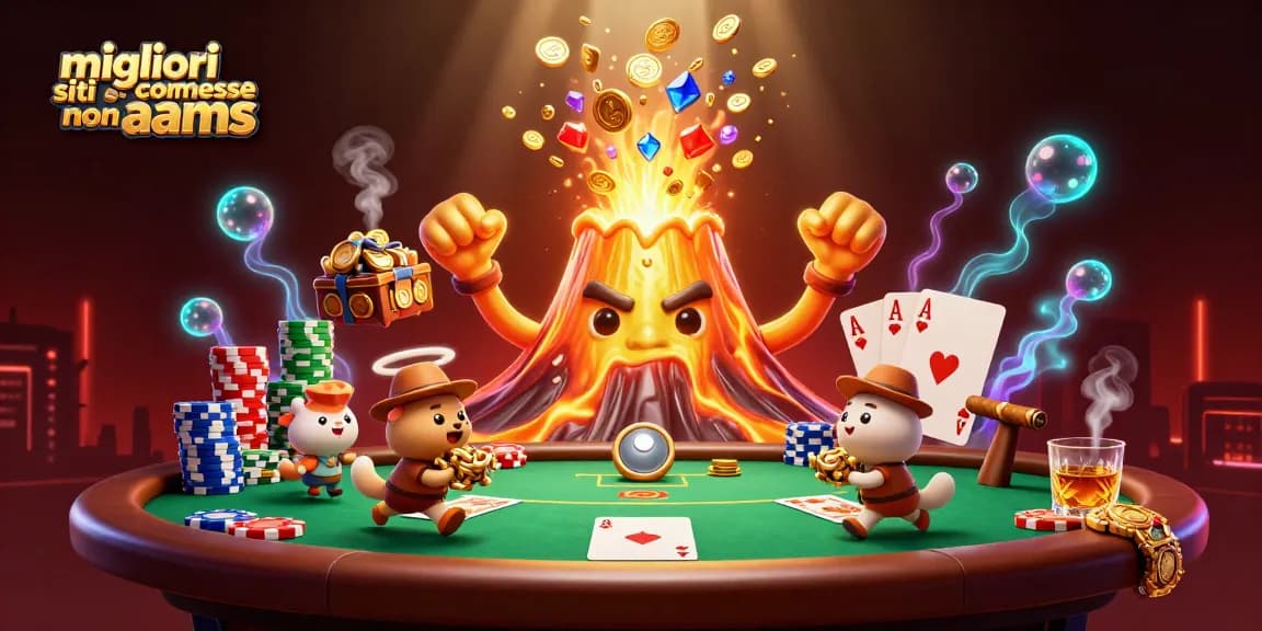 Migliori siti scommesse non aams mostrano un vulcano d’oro che erutta monete e tesori, circondato da elementi di poker e gioco.