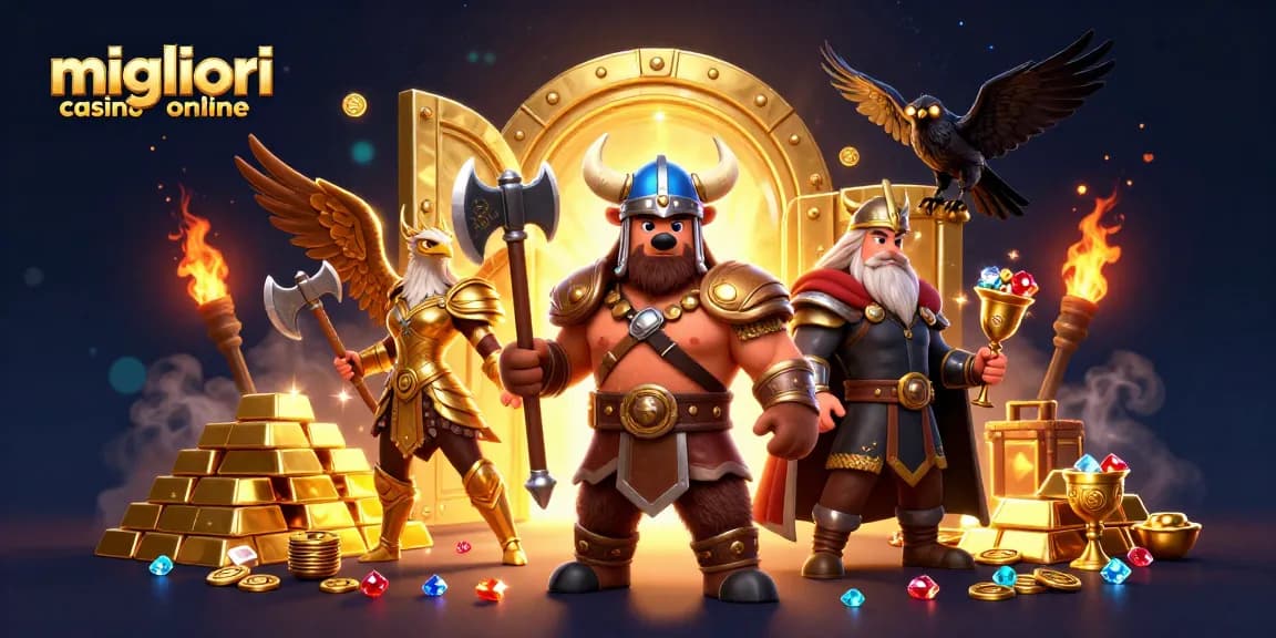 Scena dei migliori casino online con un berserker vichingo e un'aquila valchiria tra tesori e elementi dorati.