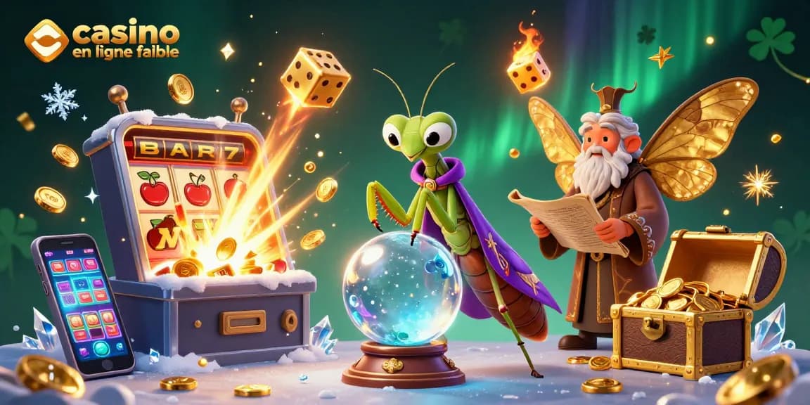 Plongez dans l'univers du casino en ligne fiable avec une illustration captivante de créatures mystiques et des éléments de jeux d'argent.