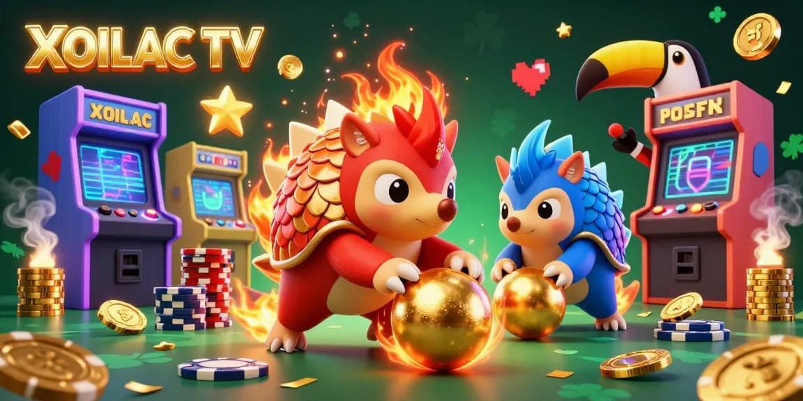 Engage with XOILAC TV through a vibrant 3D scene where colorful pangolins roll through golden casino elements in a dynamic gaming atmosphere.
