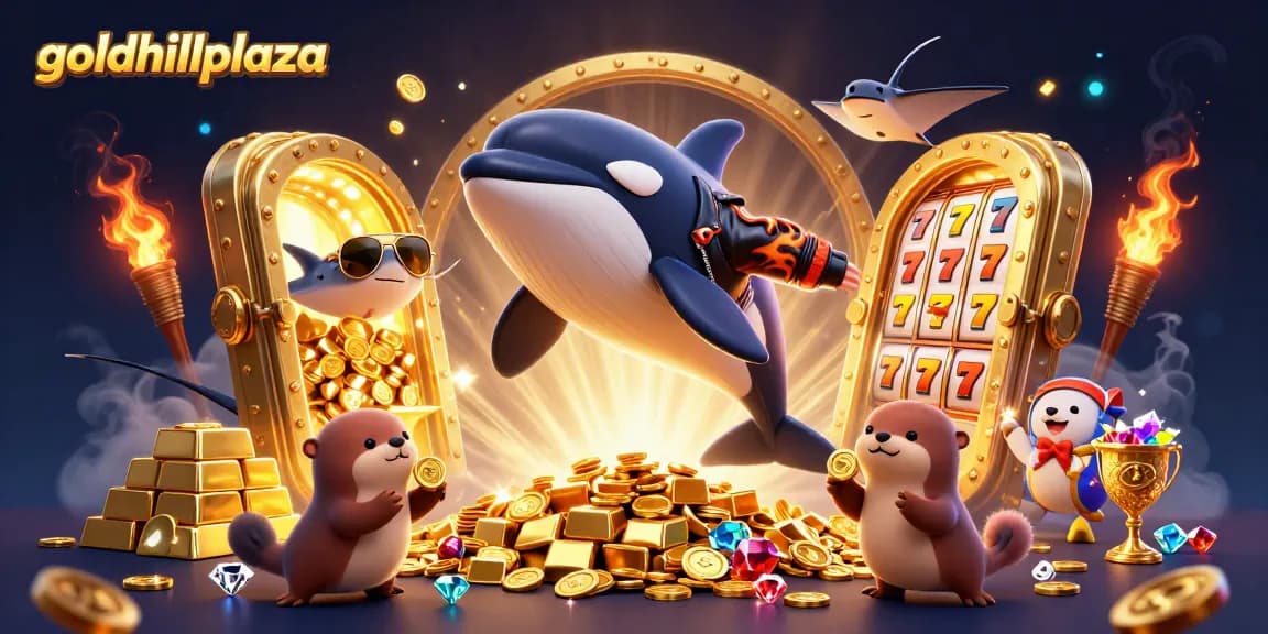 Join the goldhillplaza adventure as characters celebrate big wins with treasures around them.