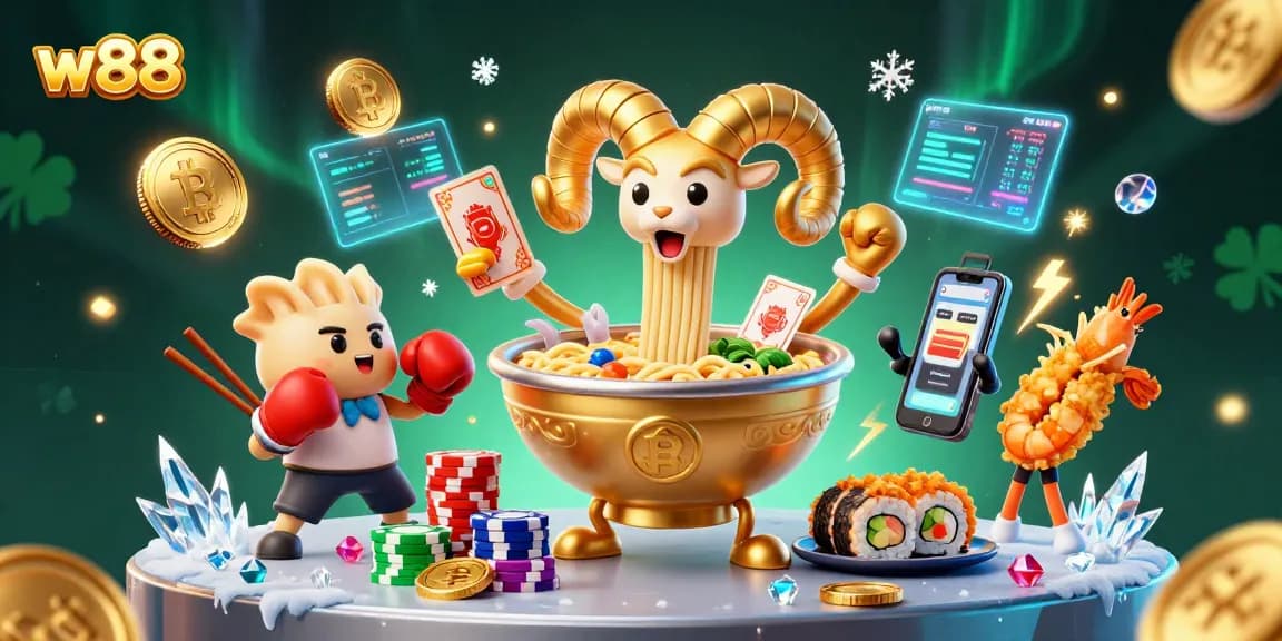 Chơi game tại w88 với hình ảnh tươi vui từ món ramen vàng cùng nhiều yếu tố cá cược hấp dẫn.