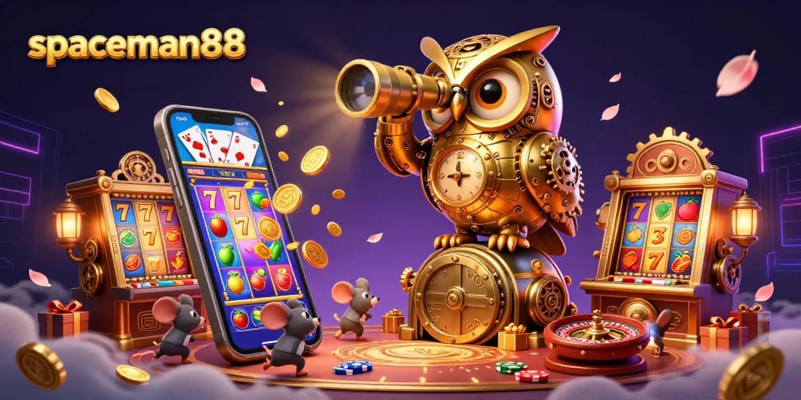 Engage with spaceman88 in this vivid 3D casino scene featuring a metallic owl and overflowing slots.
