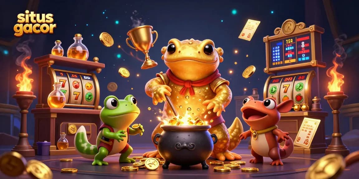 Situs gacor showcases a vibrant 3D scene with characters focused on winning big in slot games