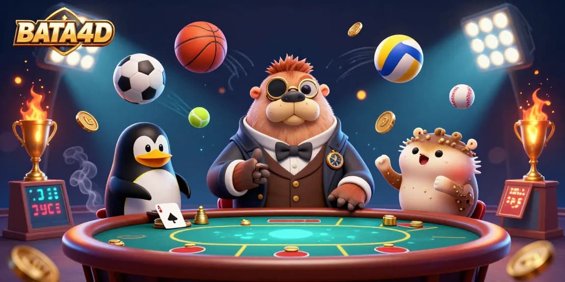 BATA4D showcases an underwater poker scene with a jolly walrus, penguin dealer, and a bluffing pufferfish amidst dynamic game elements.