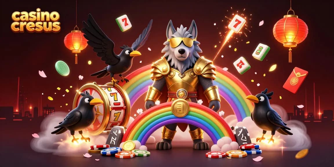 Découvrez l'excitation du casino Cresus avec Odin et des corbeaux entourés d'éléments de jeu vibrants.