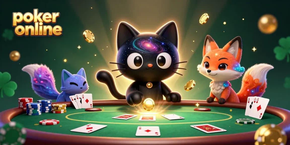 Jouez au poker en ligne avec des jetons dorés et des cartes, entouré d'une ambiance cosmique.