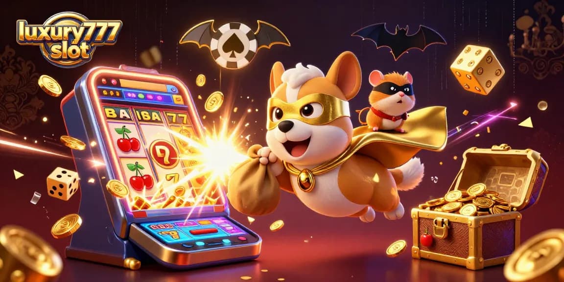 Experience excitement with luxury777 slot featuring a superhero dog and vibrant 3D casino elements.