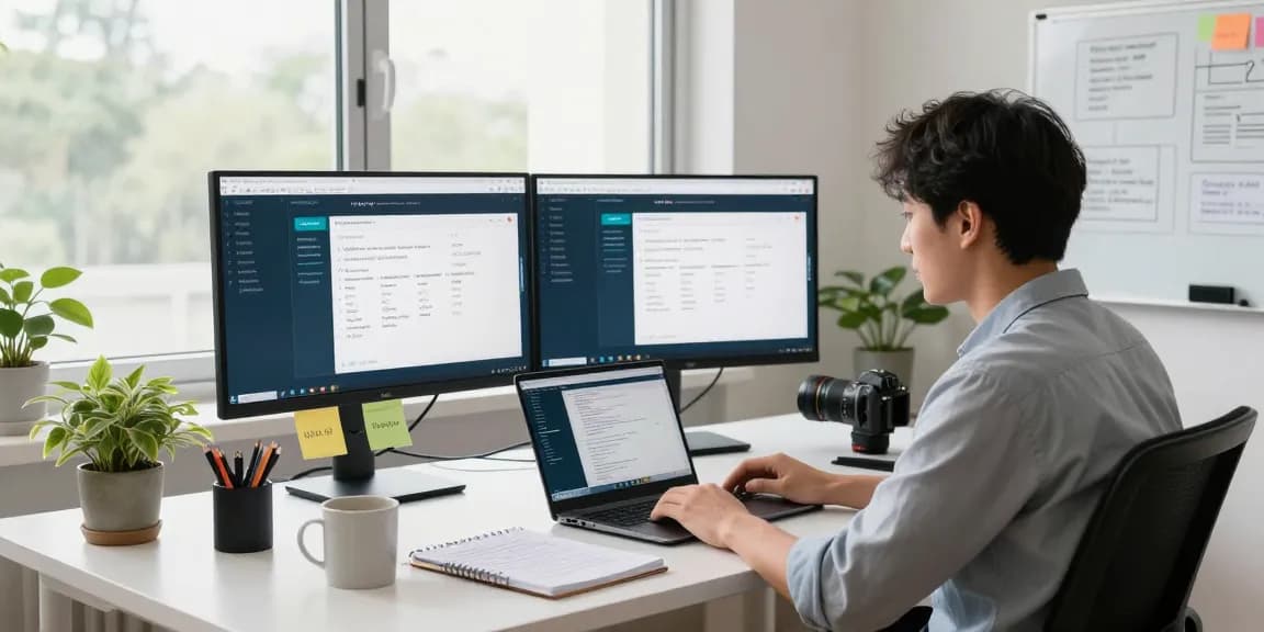 Developer using telegramin-cn.com interface in a modern home office setup.
