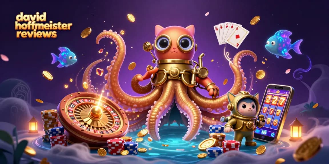 Engaging casino scene showcasing david hoffmeister reviews with a whimsical kraken, diving cat, and magical elements.