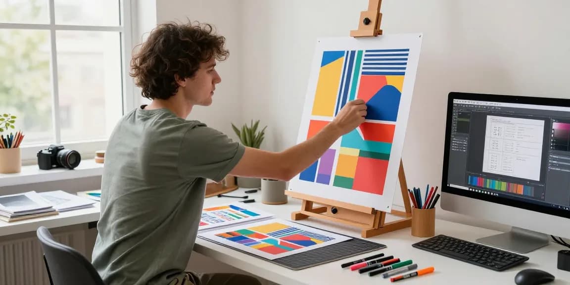 Custom poster printing scene with designer adjusting vibrant graphics in a bright workspace, showcasing creative art supplies.