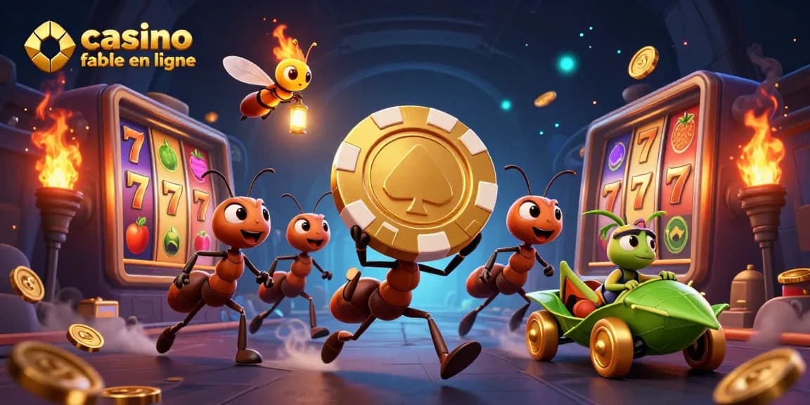 Des fourmis transportent un jeton de poker géant dans un tunnel, illustrant casino fiable en ligne.