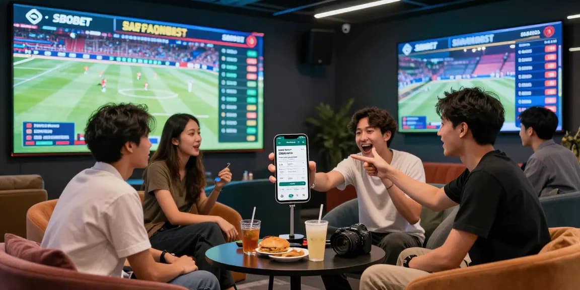 Friends enjoying sports betting together using Link Resmi Sbobet Dewacash app in a lively lounge.