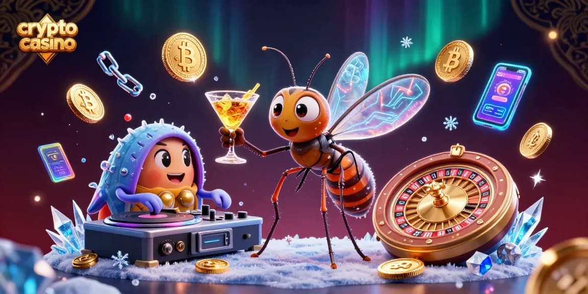 Jouez au crypto casino avec des graphismes éclatants, des pièces Bitcoin et Ethereum, dans une scène captivante.