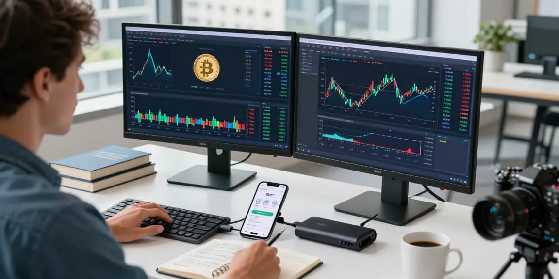 Cricbet99 cryptocurrency trading workspace with live price charts and digital wallet interfaces in a modern office.