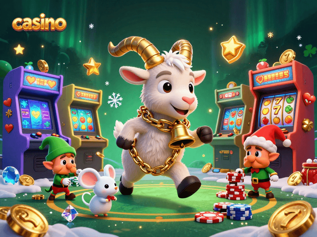 Engage in thrilling casino excitement with Krampus and lively characters in a festive gaming scene.