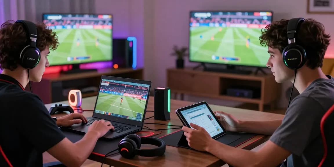 Players enjoying 鉅城娛樂城 in a lively online gaming environment with laptops, tablets, and vibrant decor.