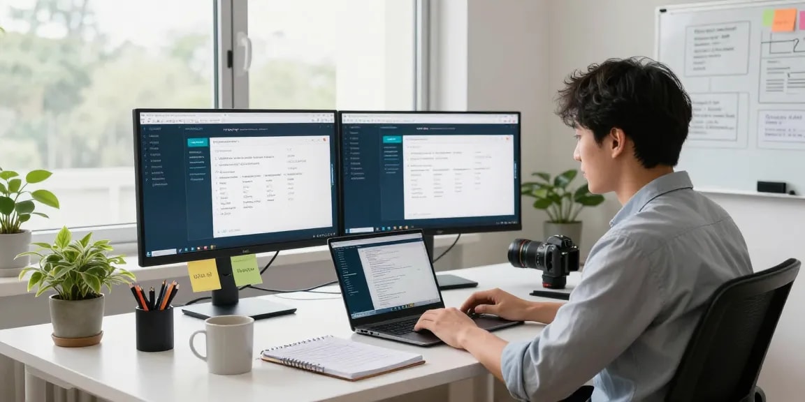 Developer using telegramin-cn.com interface in a modern home office setup.