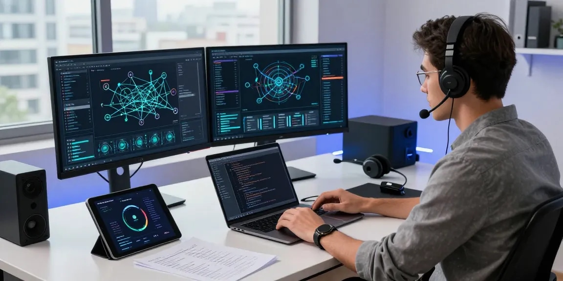 快连 network optimization workspace with dual monitors, modern tech gadgets, and city view